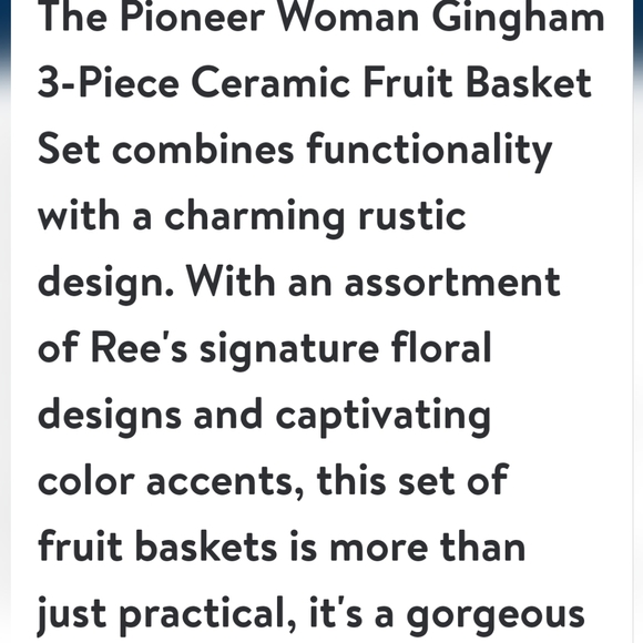 ❤️ New 2023 Pioneer Woman Gingham 3-Piece Ceramic Fruit Basket Set - Picture 3 of 6